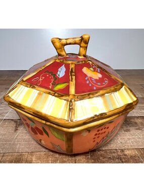 Tracy Porter HandPainted Hexagon Ceramic Lidded Bowl Set Artisan Road Collection